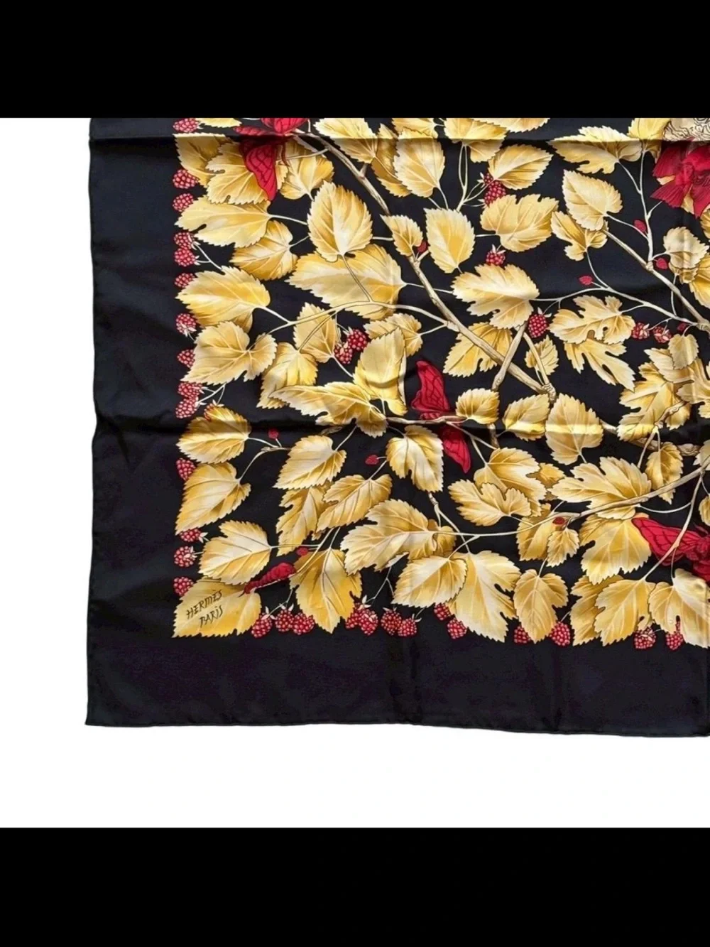 Hermes Black Silk Scarf with Gold Leaves and Red Berry Accents